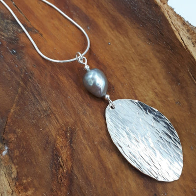 925 Sterling Silver Baroque Pearl & Hammered Leaf Necklace. - JOANNE MASSEY ARTISAN JEWELLERY