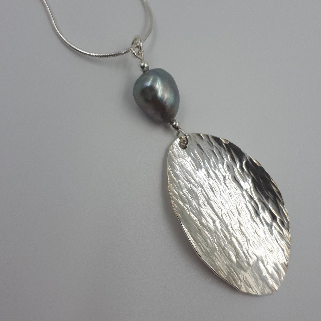925 Sterling Silver Baroque Pearl & Hammered Leaf Necklace. - JOANNE MASSEY ARTISAN JEWELLERY