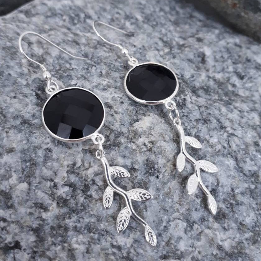 925 Sterling Silver Black Onyx & Leaf Earrings. - JOANNE MASSEY ARTISAN JEWELLERY
