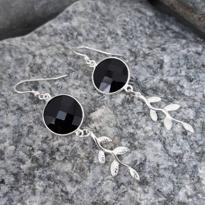 925 Sterling Silver Black Onyx & Leaf Earrings. - JOANNE MASSEY ARTISAN JEWELLERY