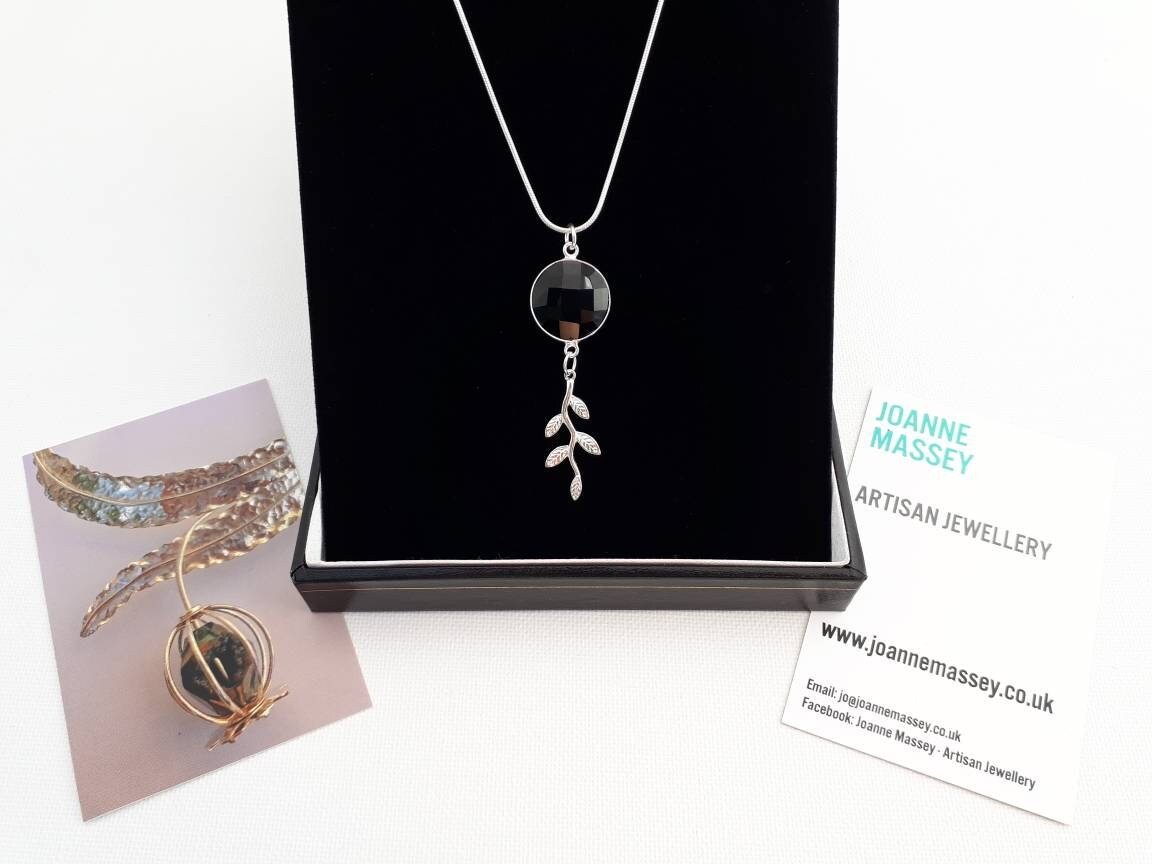 925 Sterling Silver Black Onyx & Leaf Necklace. - JOANNE MASSEY ARTISAN JEWELLERY