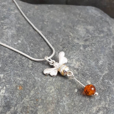 925 Sterling Silver Bumble Bee & Baltic Amber Necklace. - JOANNE MASSEY ARTISAN JEWELLERY