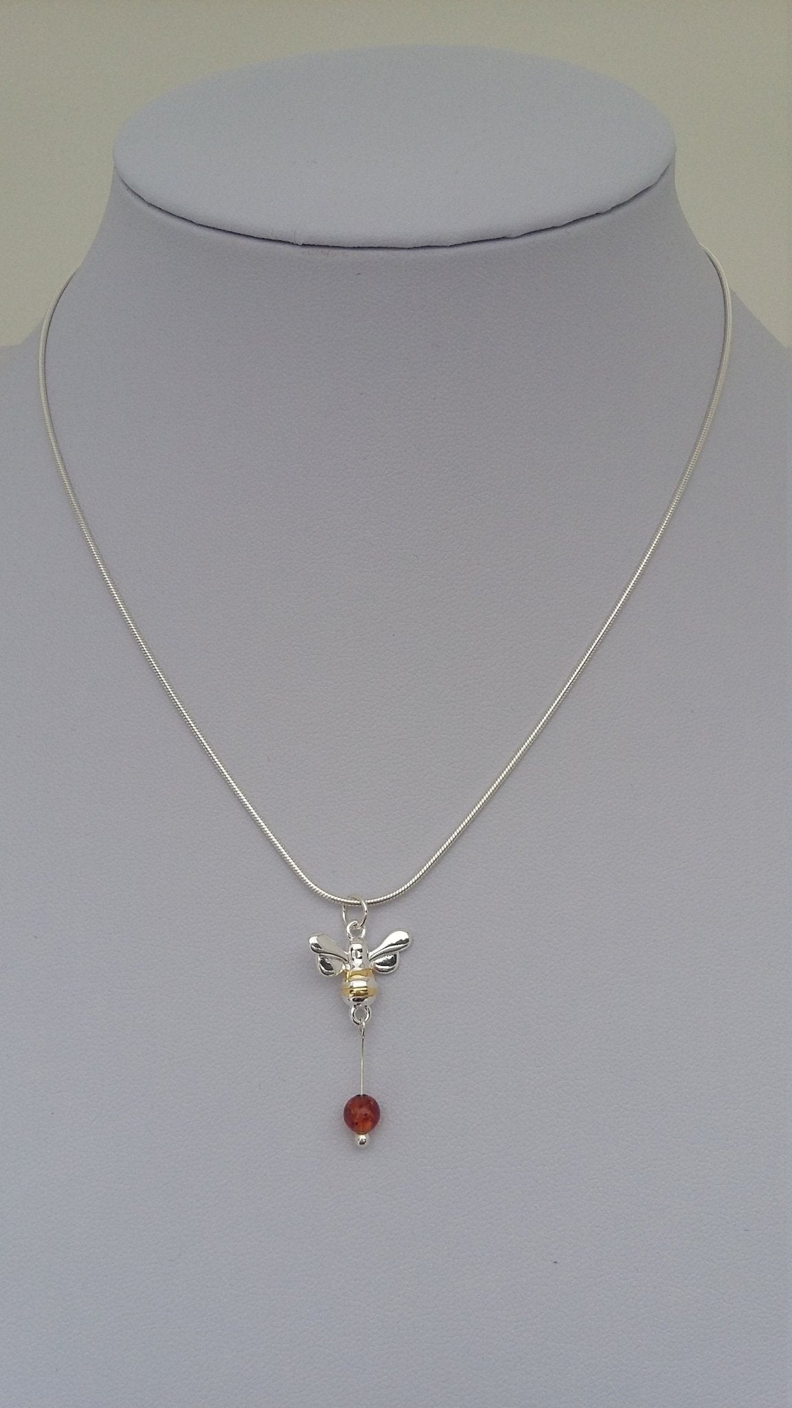 925 Sterling Silver Bumble Bee & Baltic Amber Necklace. - JOANNE MASSEY ARTISAN JEWELLERY