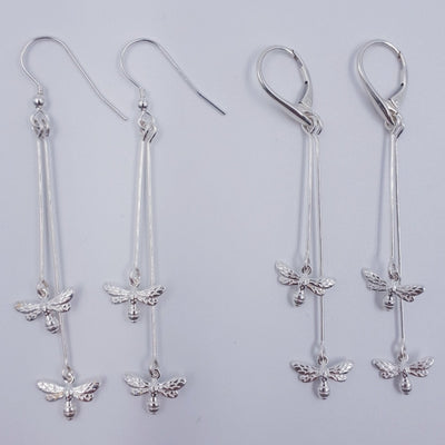 925 Sterling Silver Double Bee Long Drop Earrings. - JOANNE MASSEY ARTISAN JEWELLERY