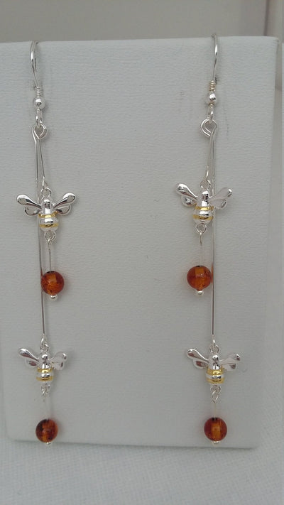 925 Sterling Silver Double Bumble Bee & Baltic Amber Earrings. - JOANNE MASSEY ARTISAN JEWELLERY