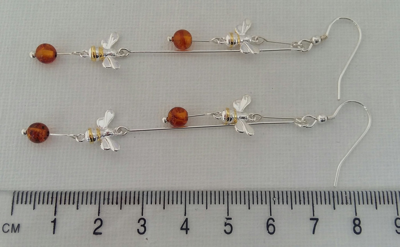 925 Sterling Silver Double Bumble Bee & Baltic Amber Earrings. - JOANNE MASSEY ARTISAN JEWELLERY