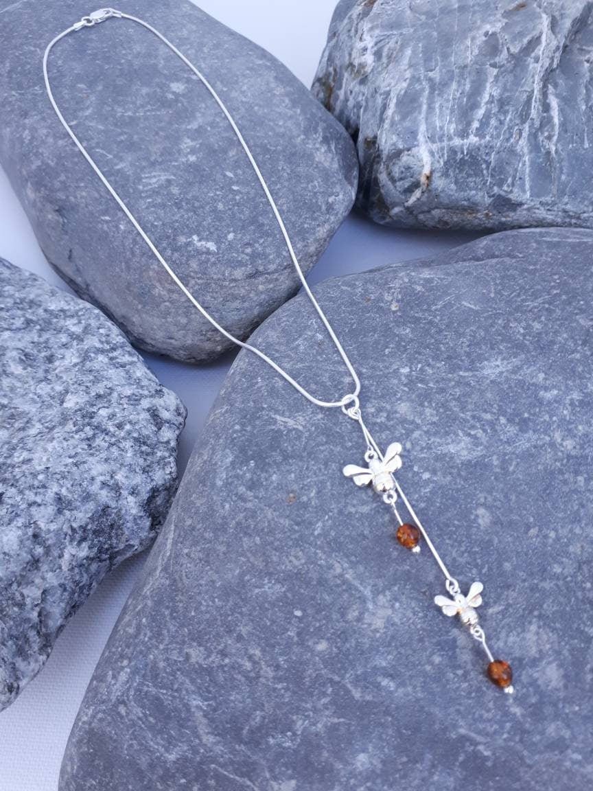 925 Sterling Silver Double Bumble Bee & Baltic Amber Necklace. - JOANNE MASSEY ARTISAN JEWELLERY