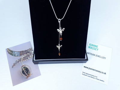 925 Sterling Silver Double Bumble Bee & Baltic Amber Necklace. - JOANNE MASSEY ARTISAN JEWELLERY