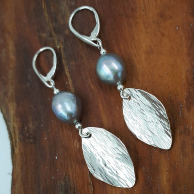 925 Sterling Silver Grey Baroque Pearl & Hammered Leaf Earrings. - JOANNE MASSEY ARTISAN JEWELLERY