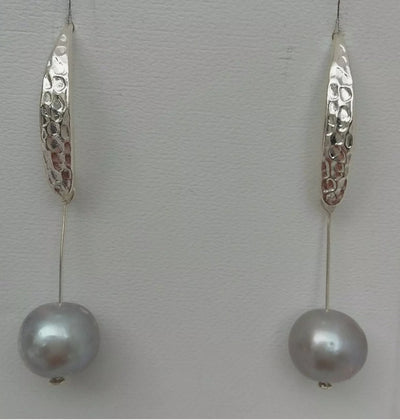 925 Sterling Silver Hammered Effect Pearl Earrings - JOANNE MASSEY ARTISAN JEWELLERY