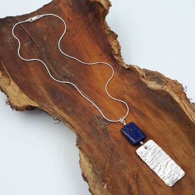 925 Sterling Silver Lapis Lazuli & Hammered Rectangle Necklace - JOANNE MASSEY ARTISAN JEWELLERY