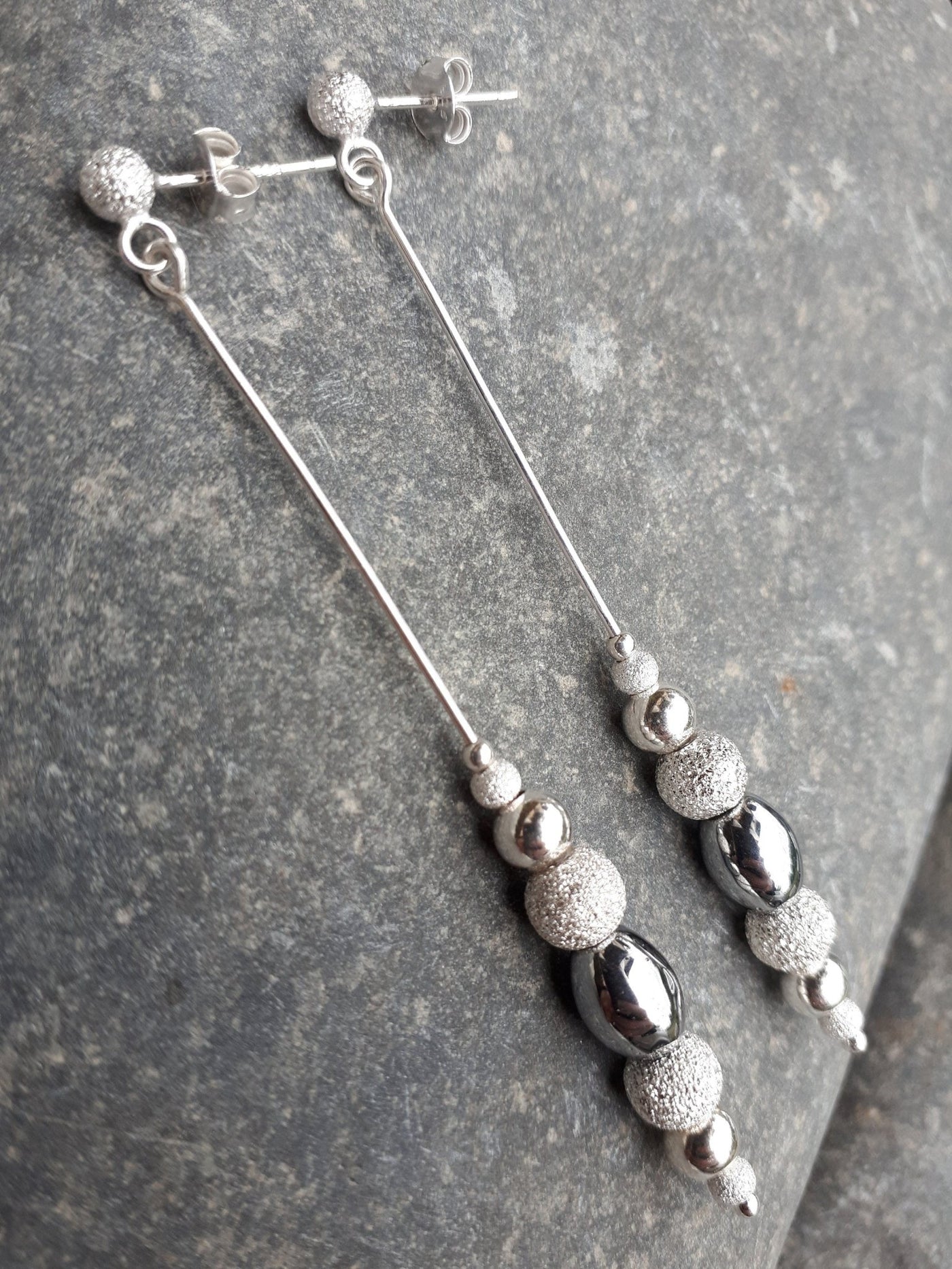 925 Sterling Silver Long Drop Hematite & Stardust Bead Earrings. - JOANNE MASSEY ARTISAN JEWELLERY