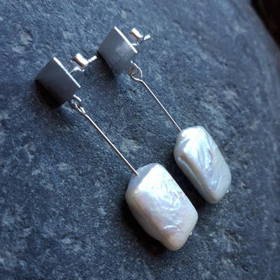 925 Sterling Silver Pearl Rectangle Earrings - JOANNE MASSEY ARTISAN JEWELLERY
