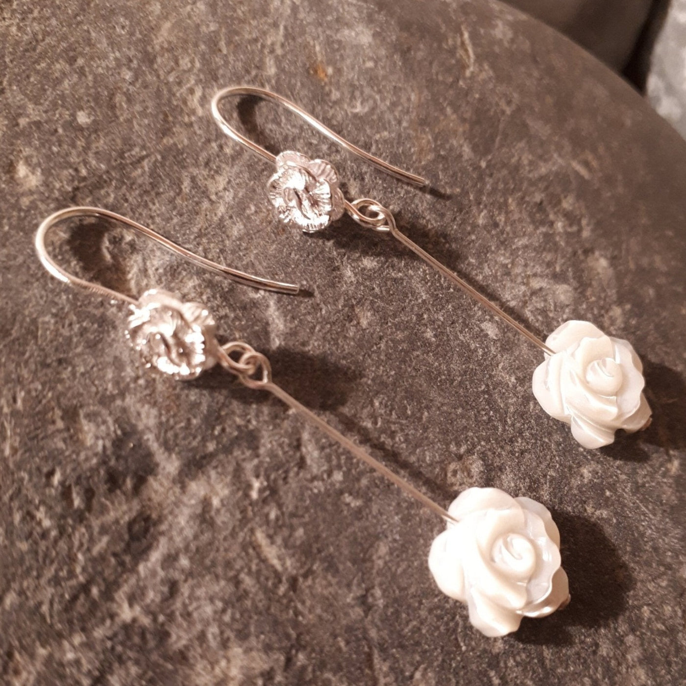 925 Sterling Silver Rose Carved Shell Earrings. - JOANNE MASSEY ARTISAN JEWELLERY