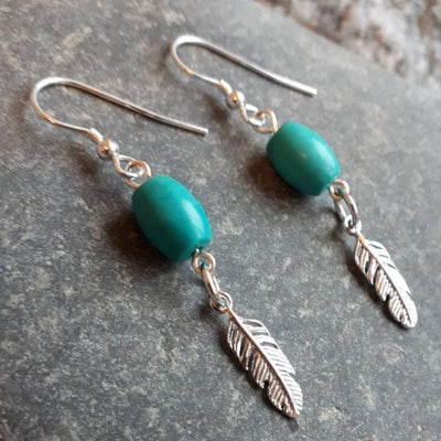 925 Sterling Silver Turquoise and Feather Earrings. - JOANNE MASSEY ARTISAN JEWELLERY