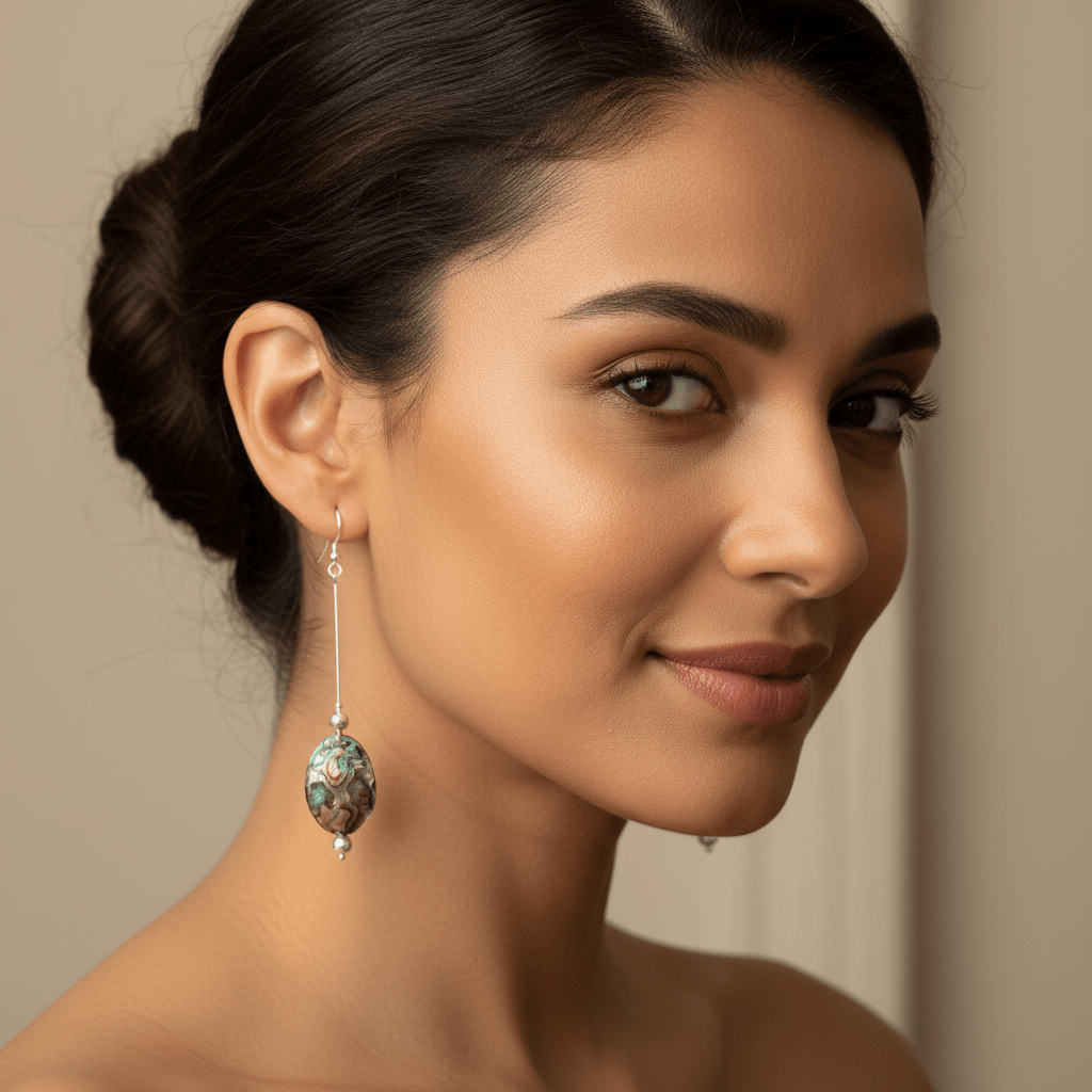 Model wearing sterling silver abalone shell drop earrings correctly