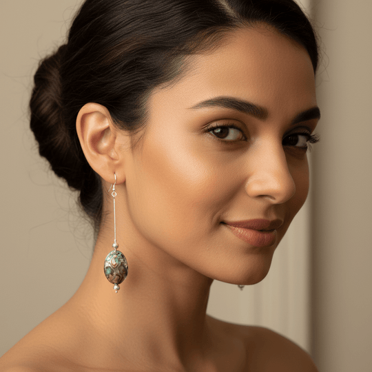 Model wearing sterling silver abalone shell drop earrings correctly