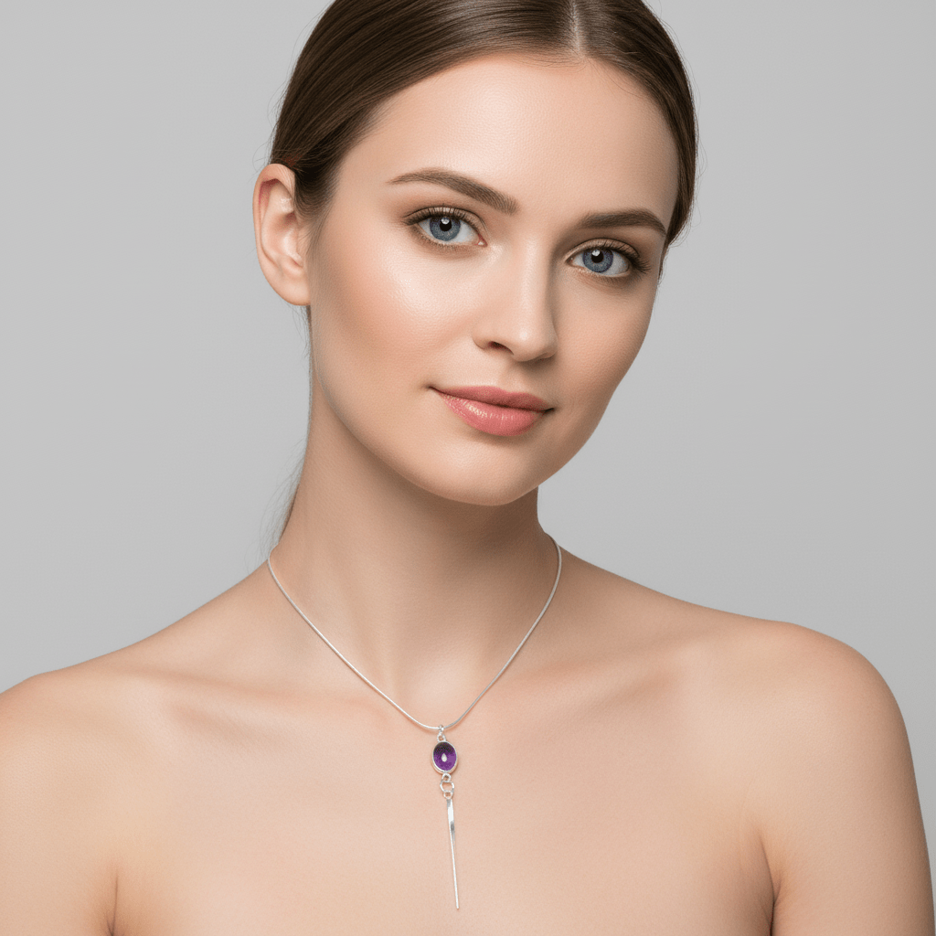 Model wearing amethyst tassel necklace