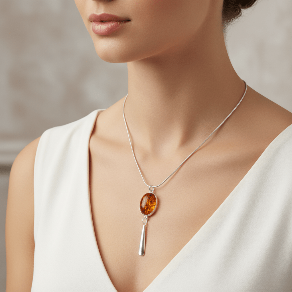Luxury model wearing Baltic amber tassel necklace with curved tassel
