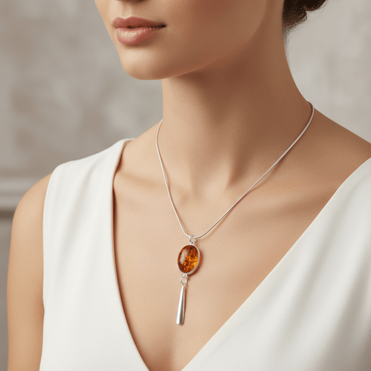 Luxury model wearing Baltic amber tassel necklace with curved tassel