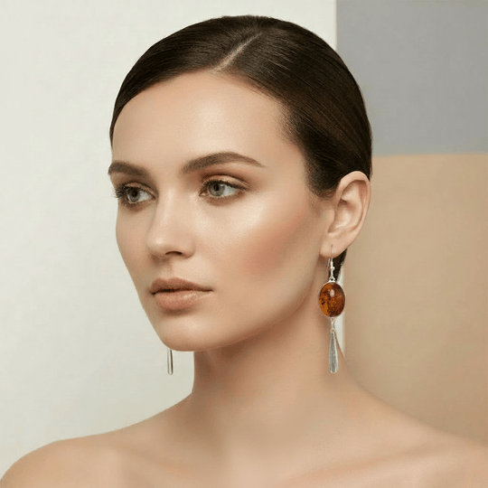 Luxury model wearing Baltic amber tassel earrings