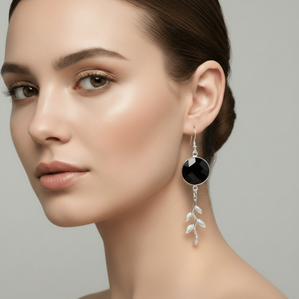 Black Onyx Leaf Earrings Model Shot - Corrected Scale