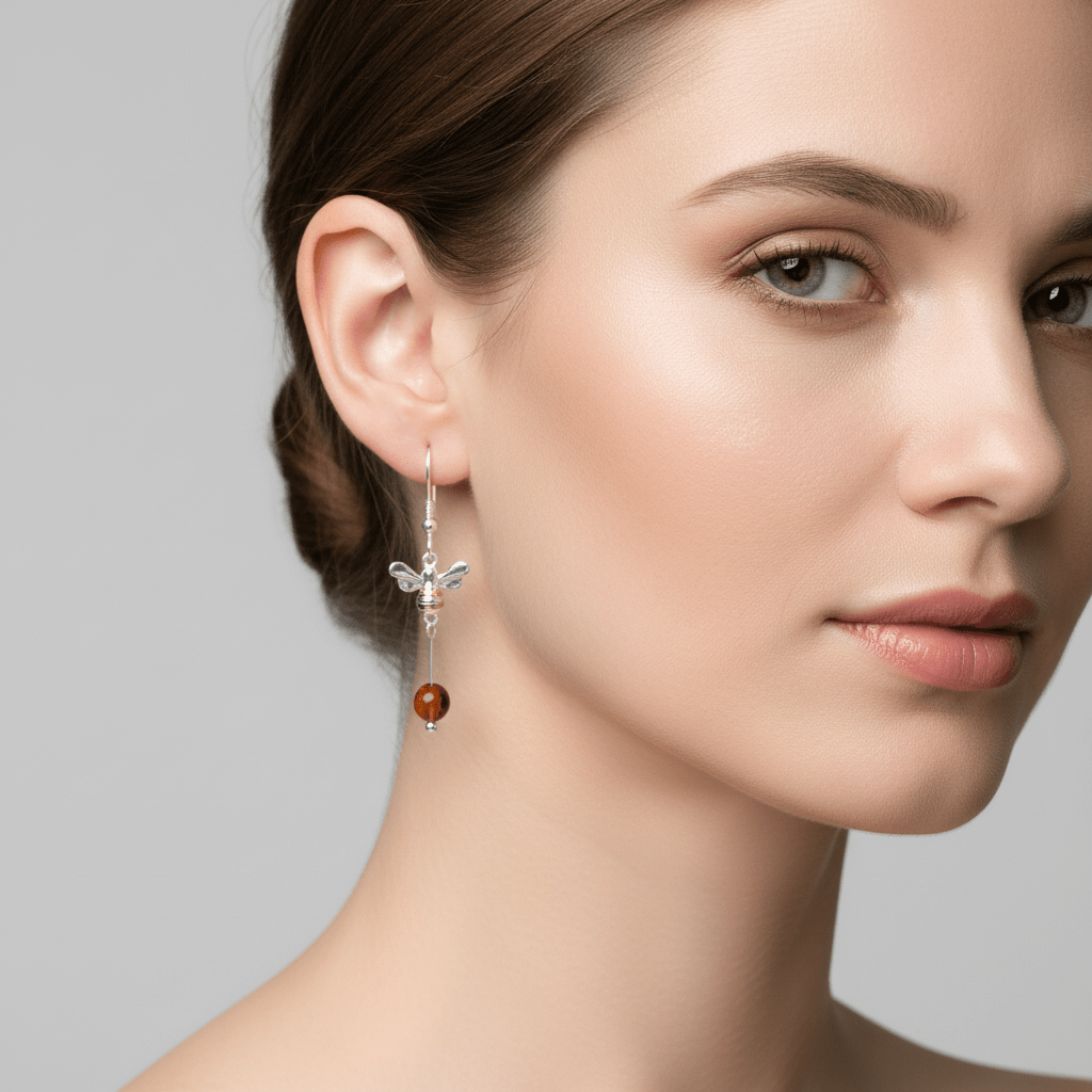 Model wearing bee and amber earrings