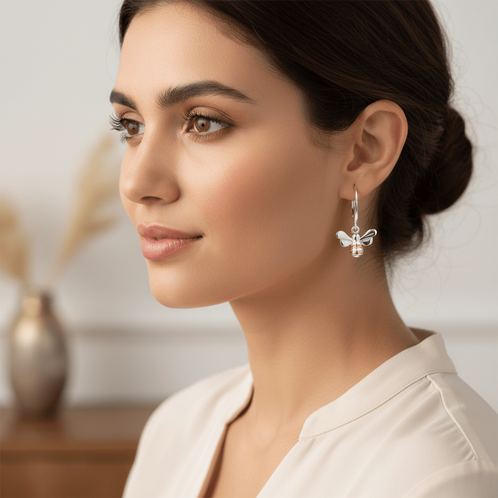 Model wearing sterling silver bumble bee earrings