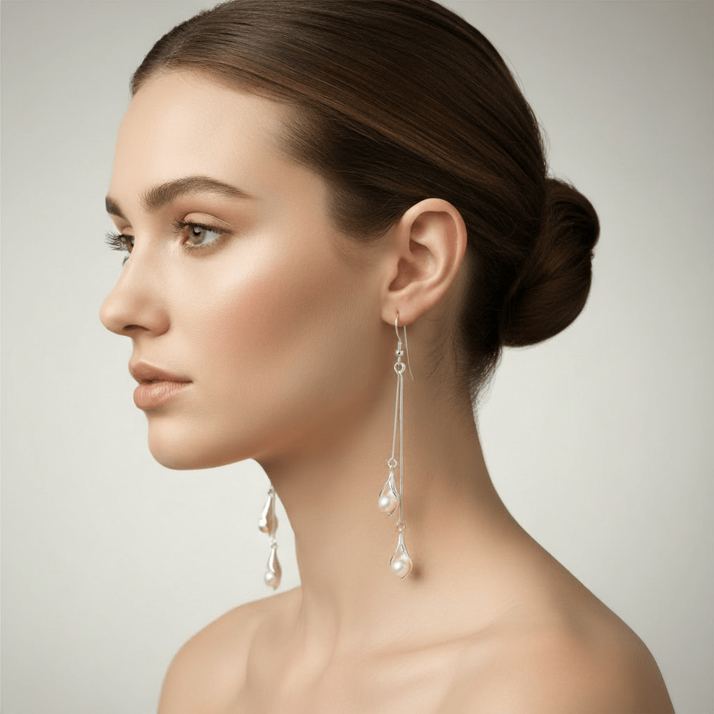 Luxury model wearing pearl drop earrings - accurate size