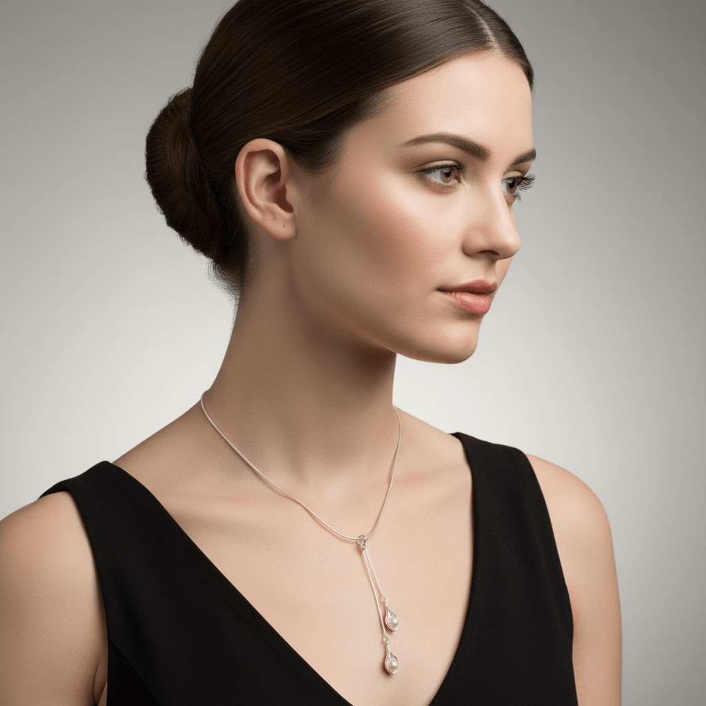 Luxury model wearing Calla Lily pearl necklace