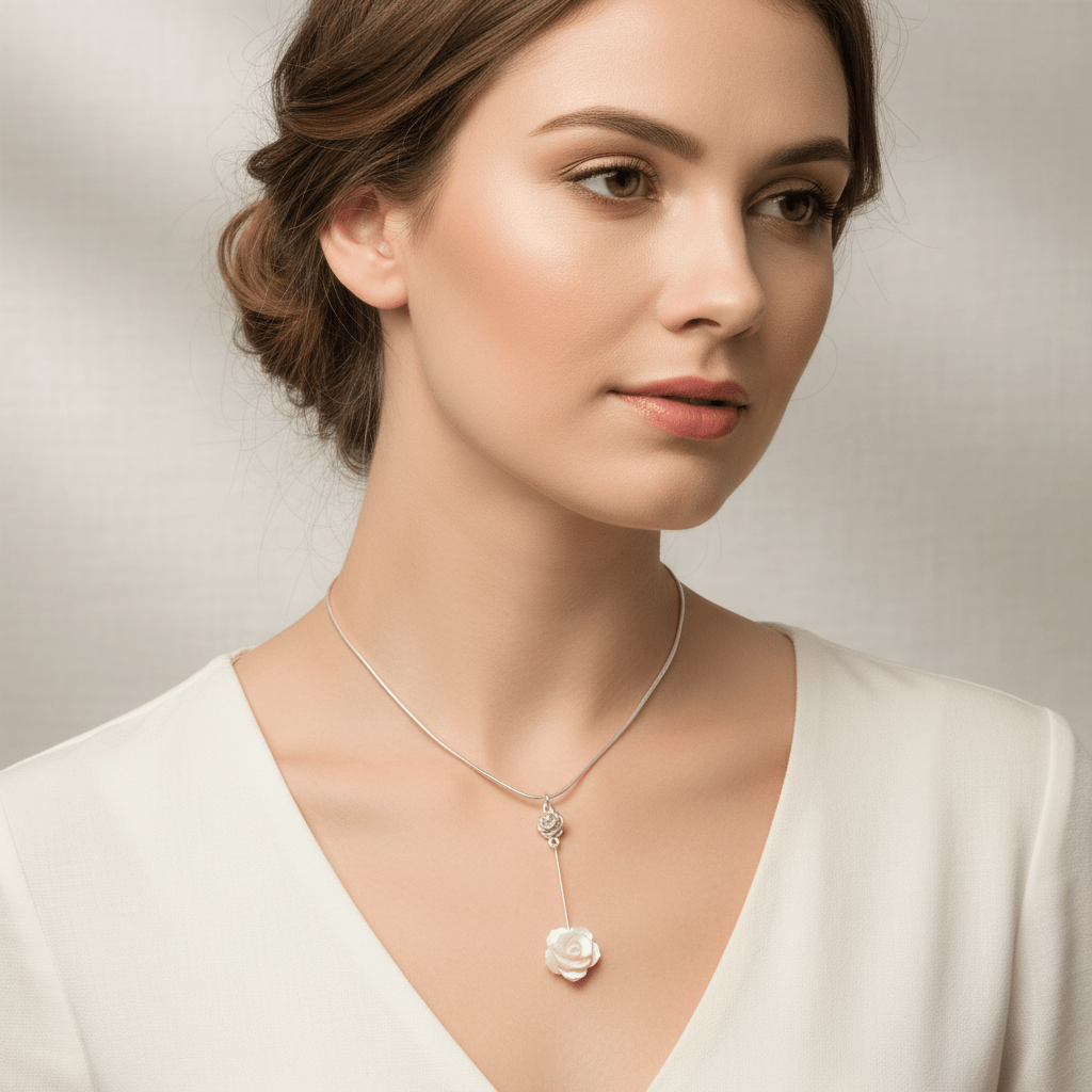 Model wearing carved shell rose necklace
