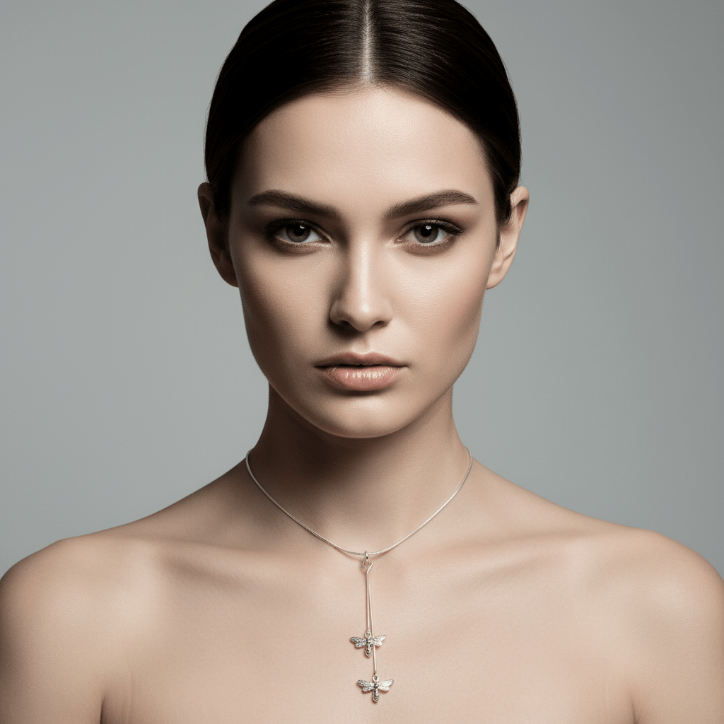 Luxury high-fashion model wearing double bee necklace