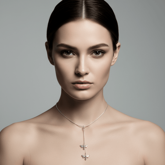 Luxury high-fashion model wearing double bee necklace