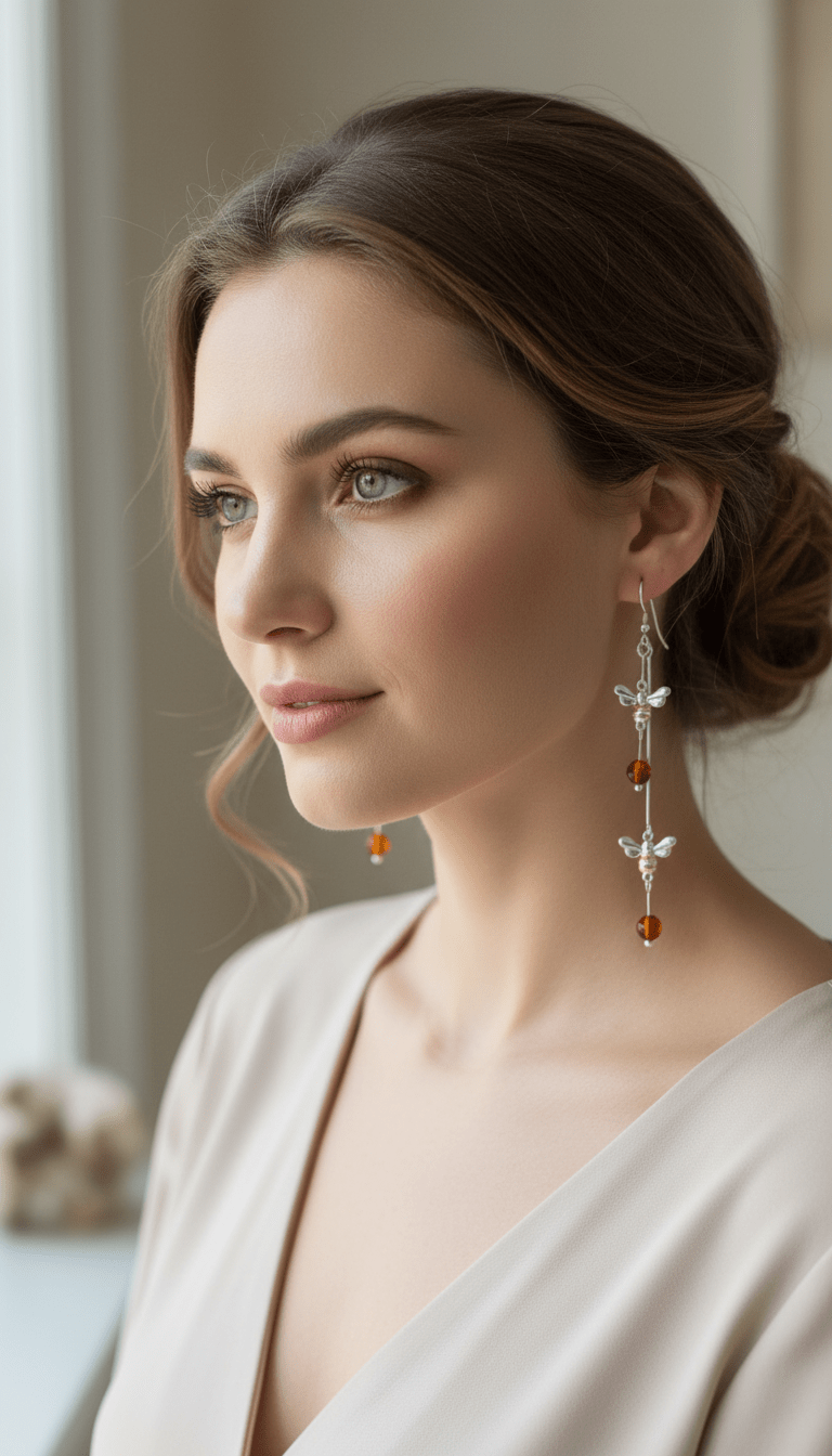Model wearing double bee and Baltic amber drop earrings