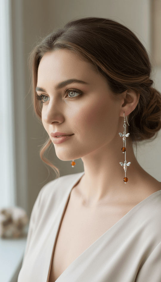 Model wearing double bee and Baltic amber drop earrings