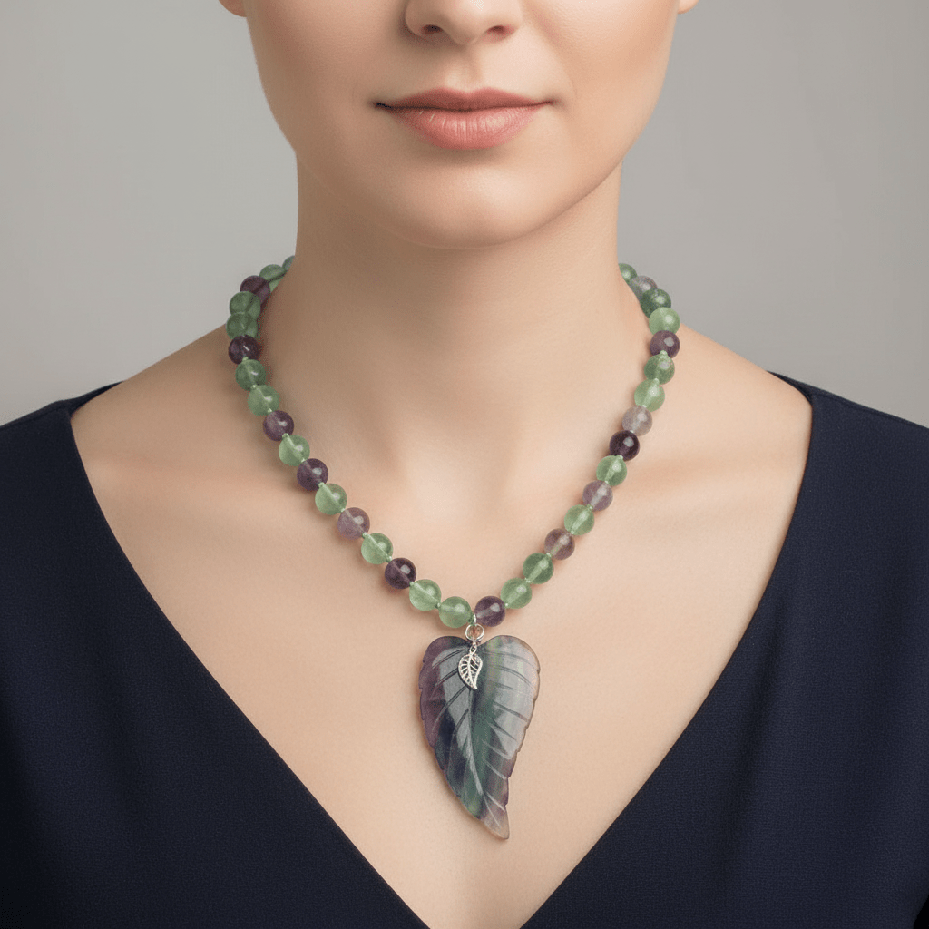 Fluorite Leaf Statement Necklace on Model
