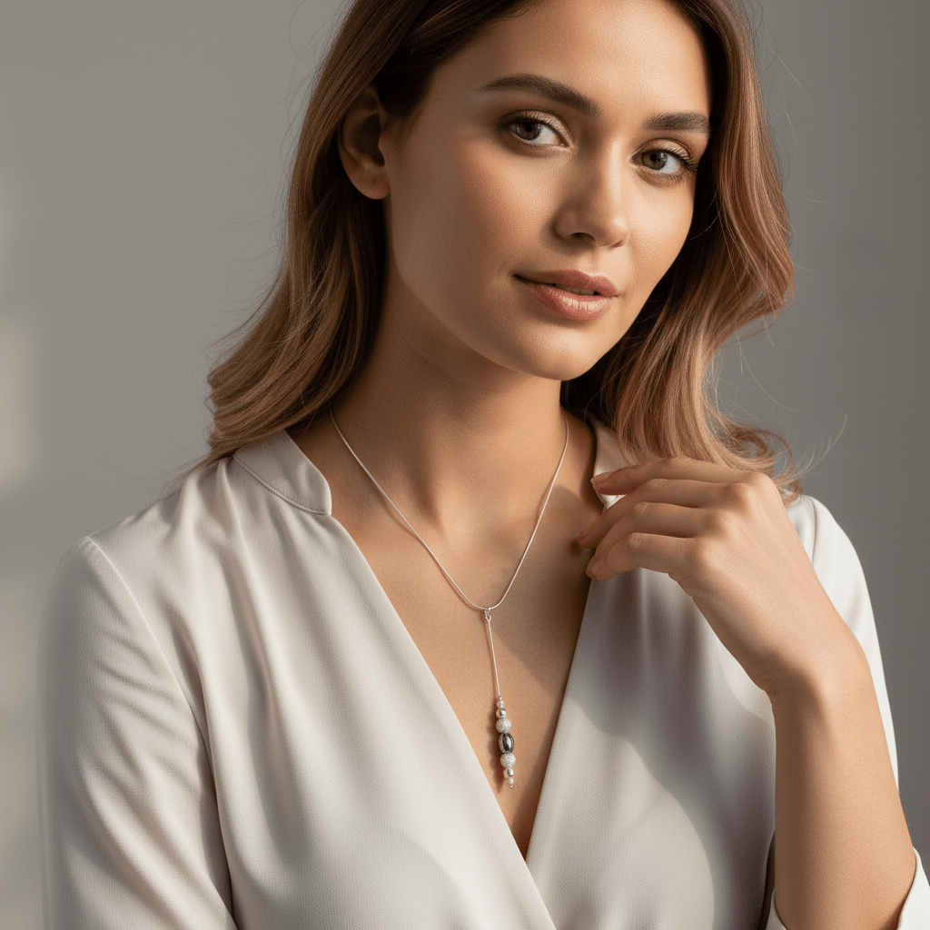 Model wearing sterling silver hematite necklace