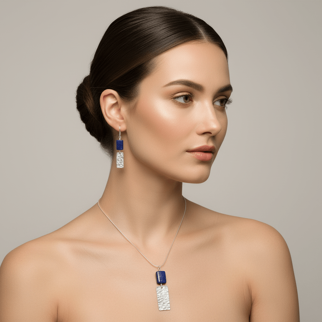 Model wearing lapis lazuli necklace and earrings set