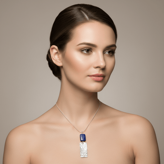 Model wearing lapis lazuli necklace on bare skin