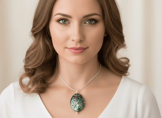 925 Sterling Silver Large Abalone Shell Statement Necklace - Model Hero Image