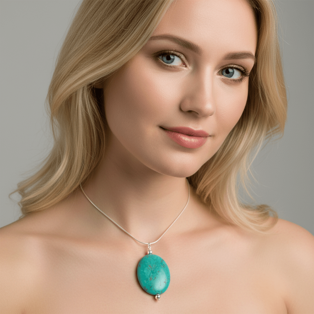 Blonde model with turquoise necklace