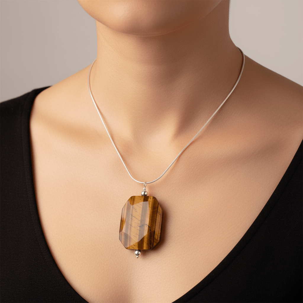 Large Faceted Tiger's Eye Statement Necklace on Model