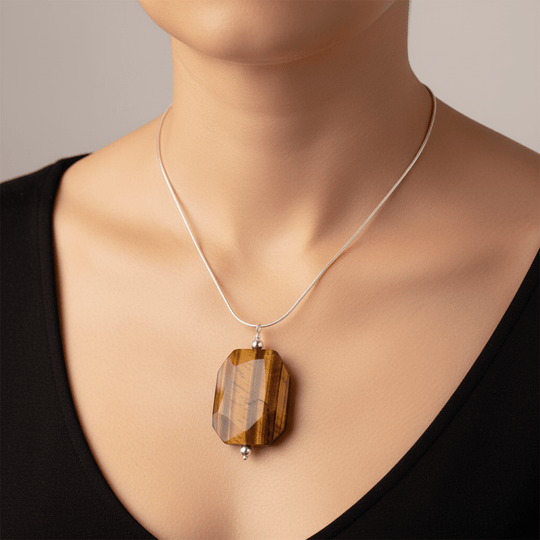 Large Faceted Tiger's Eye Statement Necklace on Model