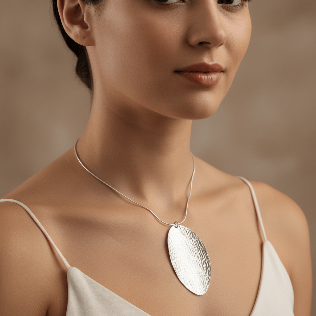 Close-up of model wearing sterling silver leaf necklace
