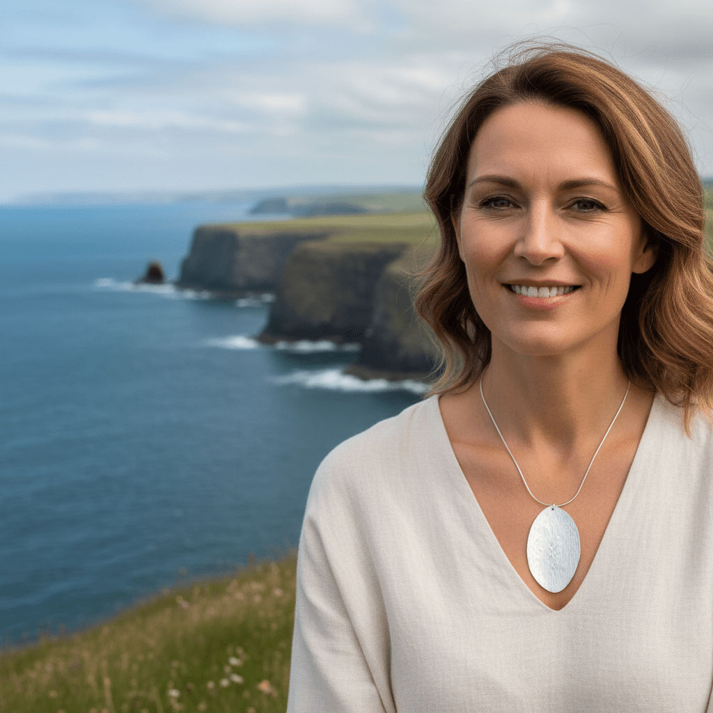 Woman wearing sterling silver leaf bark texture necklace on 18-inch chain with Welsh coast