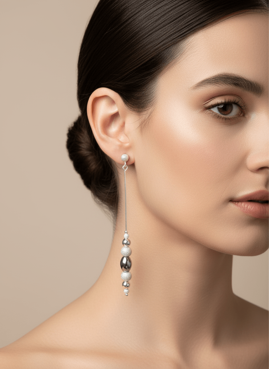 Professional lifestyle photo of model wearing sterling silver hematite earrings