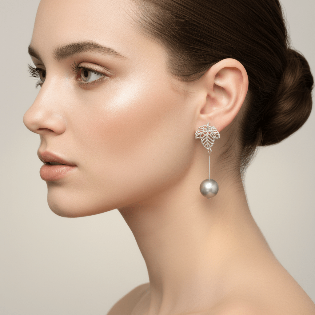 Luxury model wearing 4cm sterling silver maple leaf earrings with cultured potato pearls