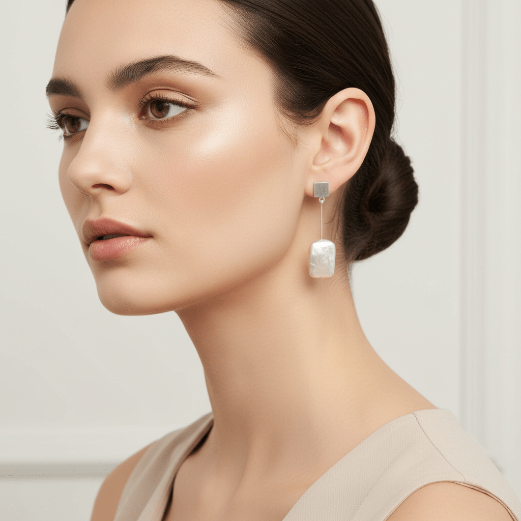 Luxury model wearing delicate pearl rectangle earrings