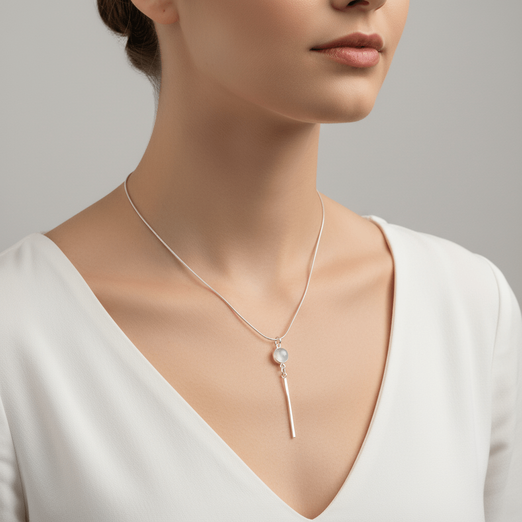 Rainbow Moonstone Tassel Necklace on Model