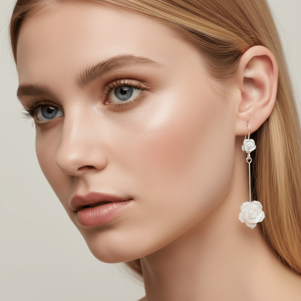 Blonde model wearing rose carved shell earrings